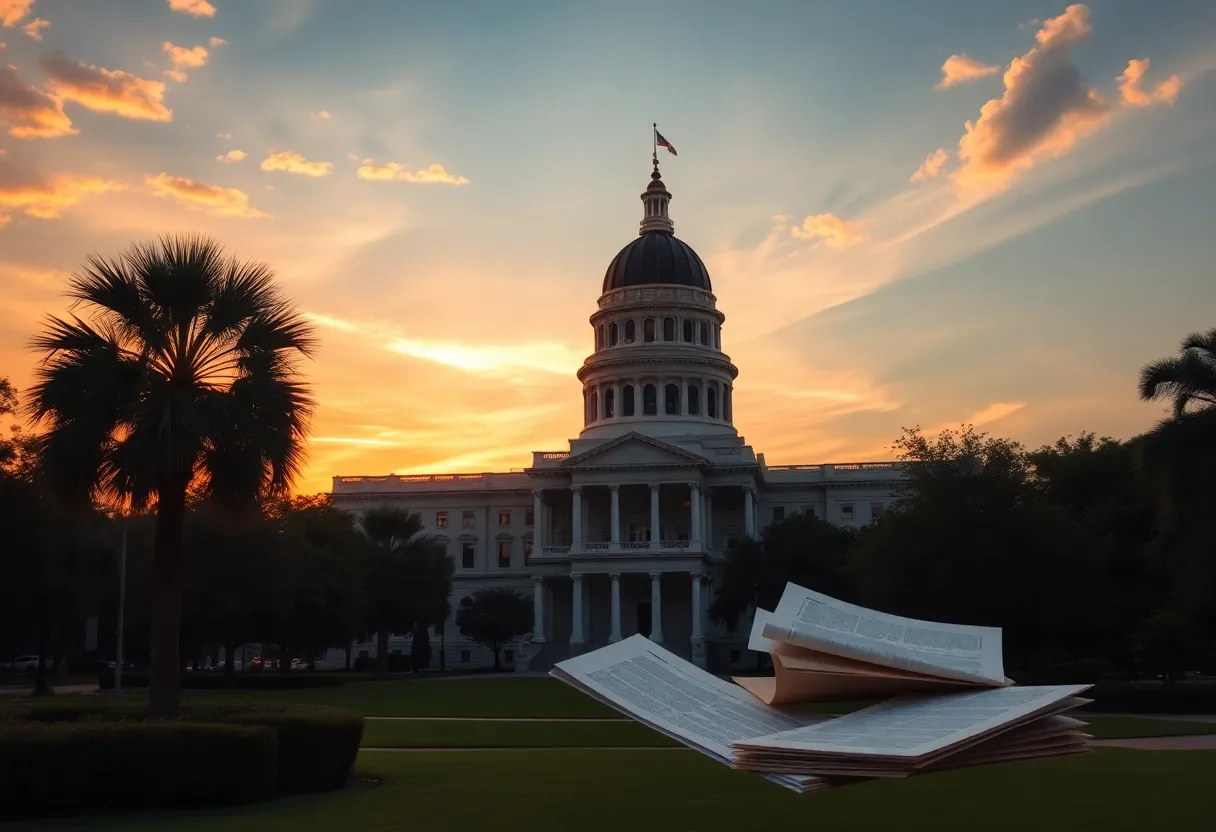 Florida State Capitol building during sunset with clouds