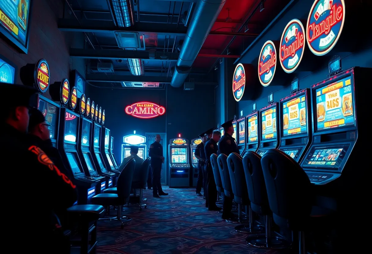 Law enforcement officers during a raid on an illegal gambling venue in Tallahassee
