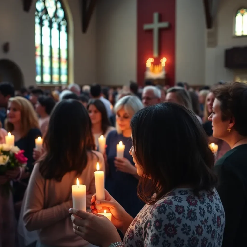 Community members gather to honor Lori Paige with candles and flowers.