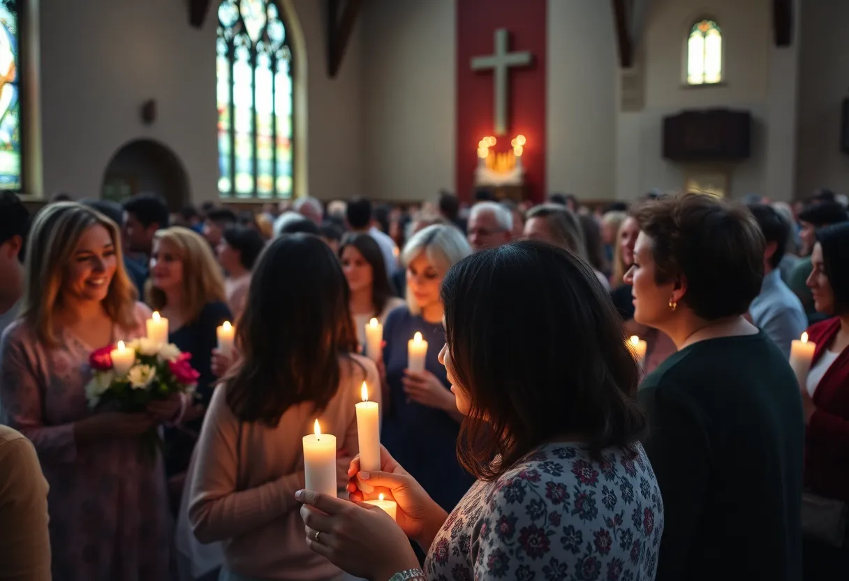 Community members gather to honor Lori Paige with candles and flowers.