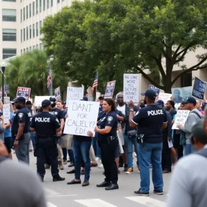 Protesters gathering in Tallahassee expressing concerns over law enforcement after shooting incident.