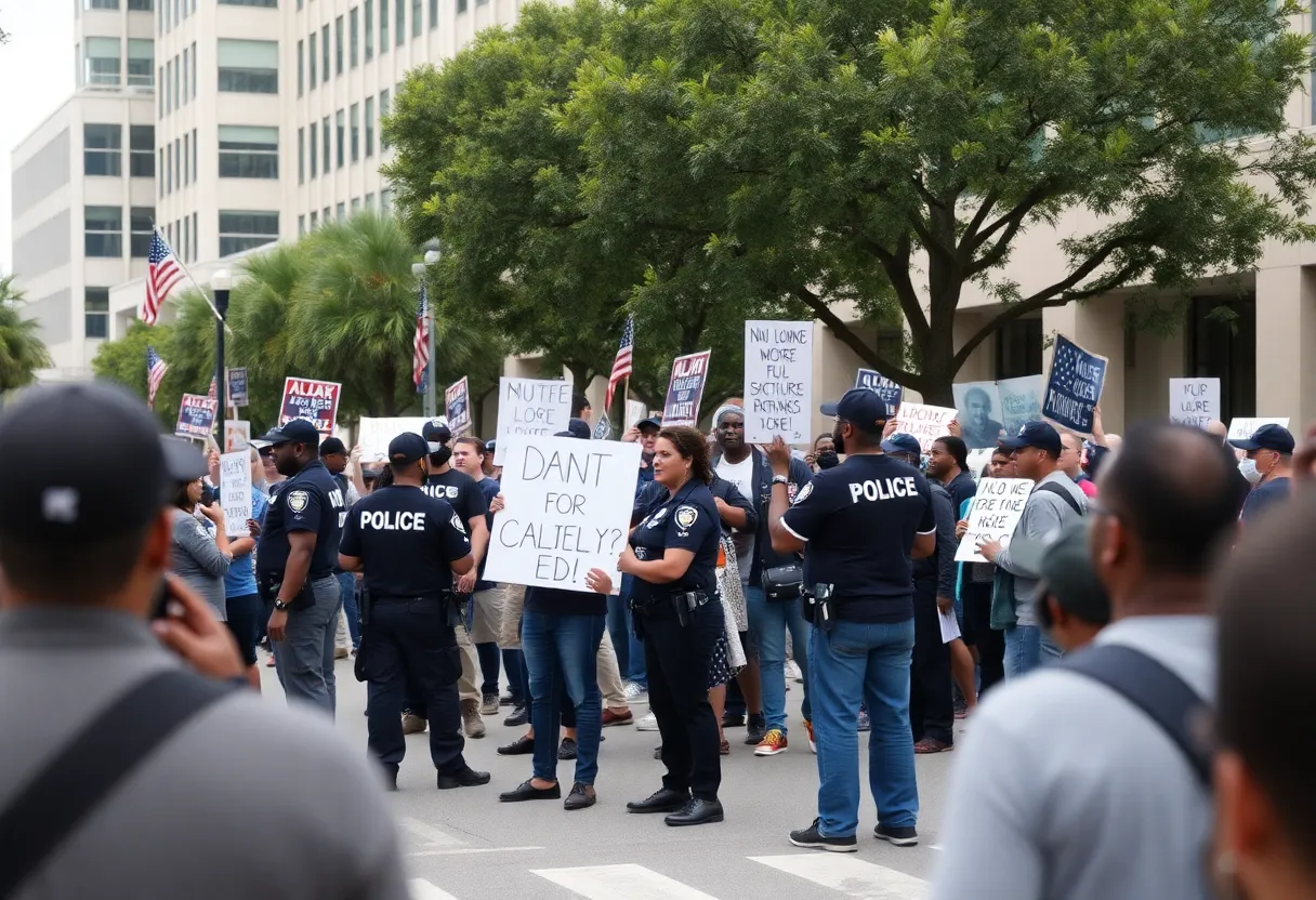 Protesters gathering in Tallahassee expressing concerns over law enforcement after shooting incident.