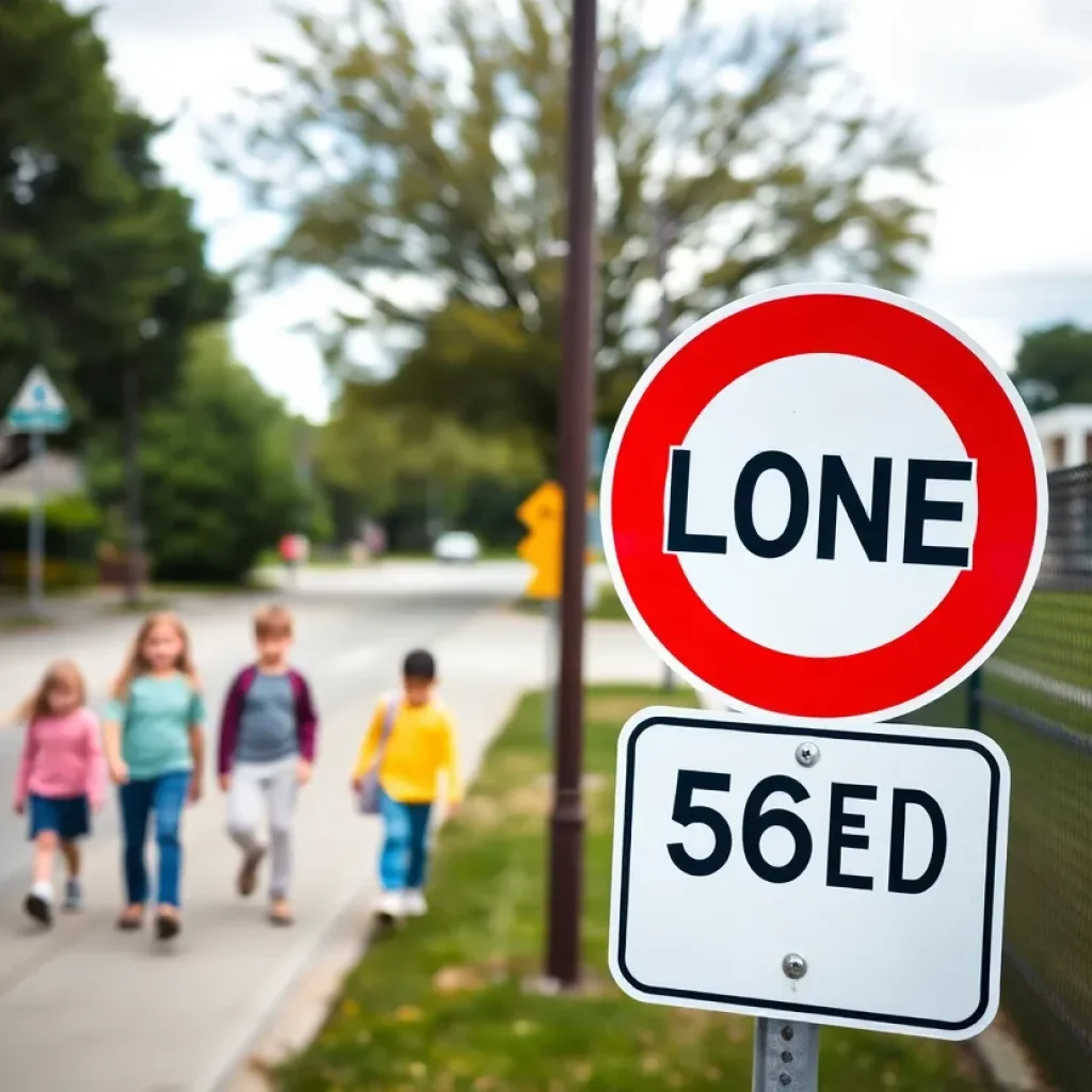 Children walking safely in a school zone on a sunny day with speed limit signs visible.