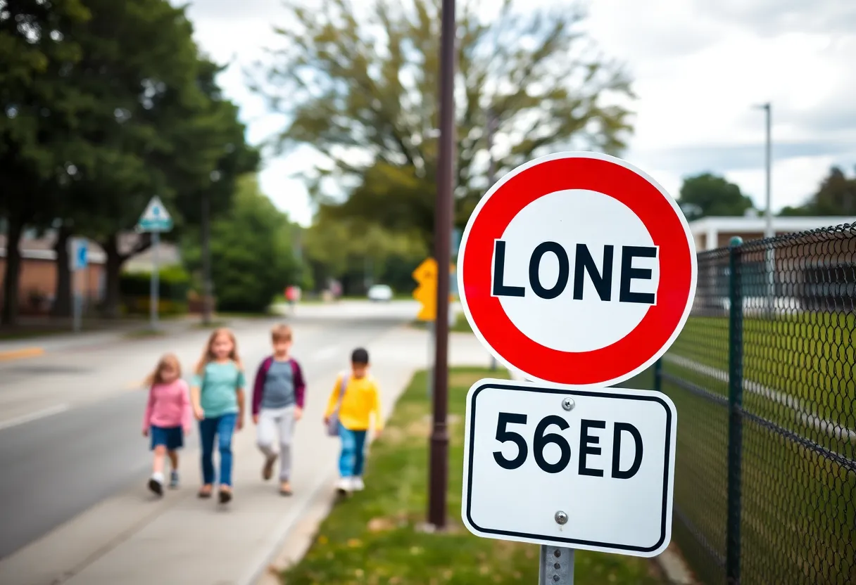 Children walking safely in a school zone on a sunny day with speed limit signs visible.