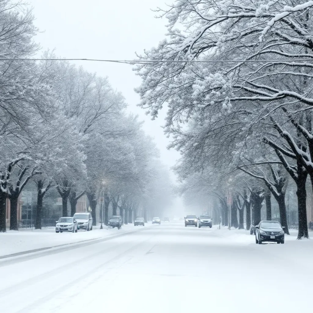A snow-covered street in Tallahassee during the historic winter storm.