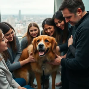 Family with a dog at a veterinary clinic after animal cruelty incident