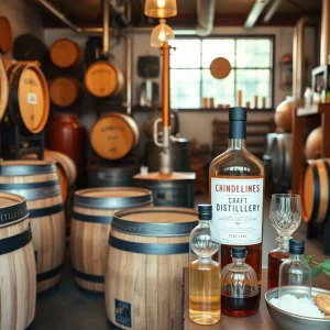 Craft distillery in Tallahassee showcasing barrels and bottles of spirits