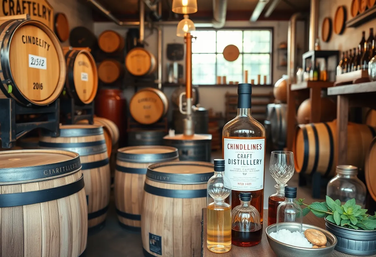 Craft distillery in Tallahassee showcasing barrels and bottles of spirits