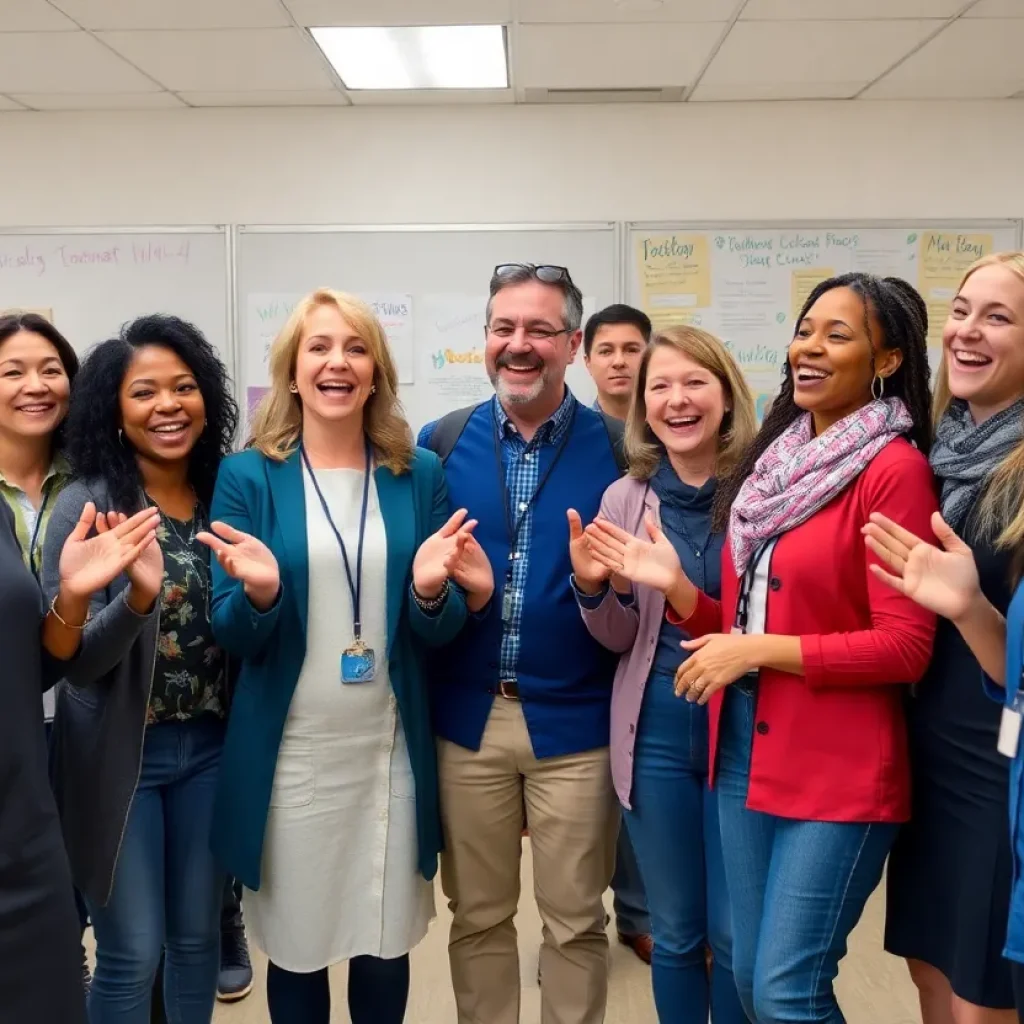 Diverse group of teachers celebrating in a classroom