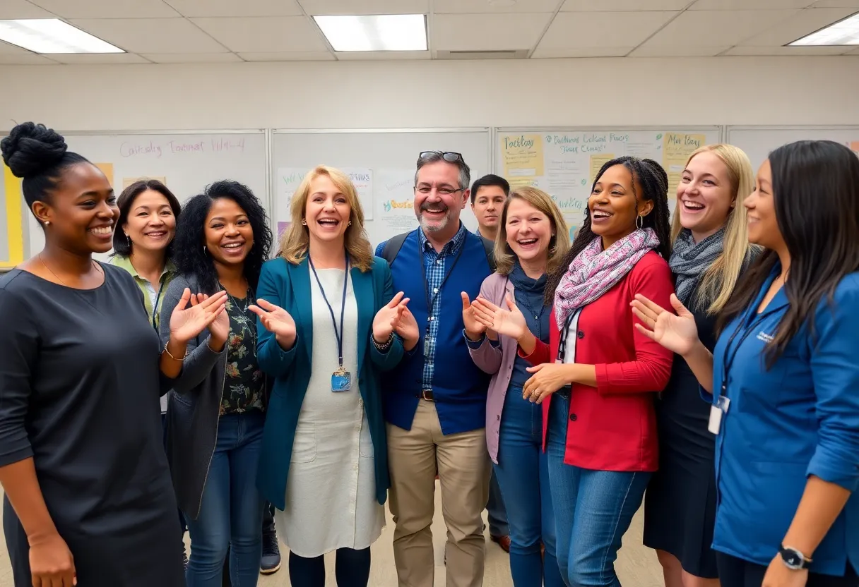 Diverse group of teachers celebrating in a classroom