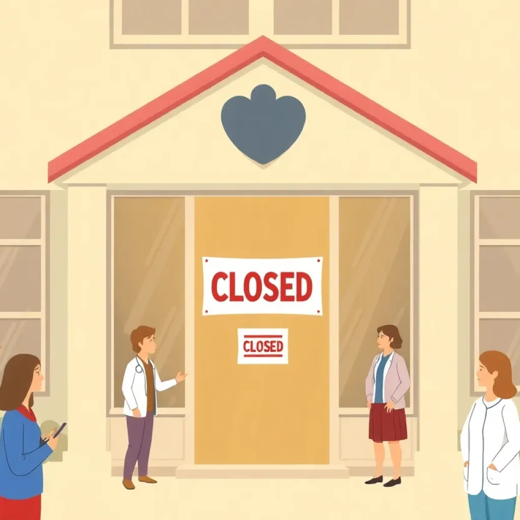 Healthcare building with a sign indicating closure