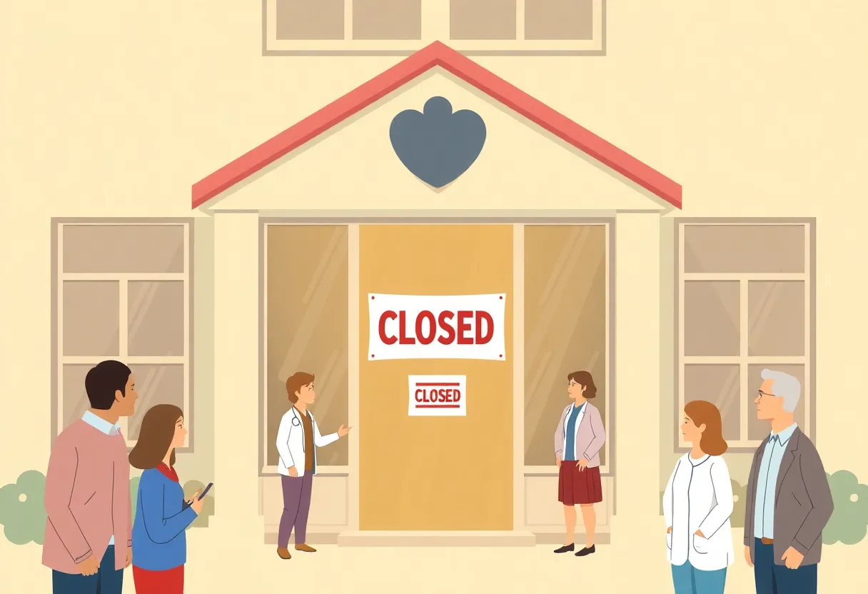 Healthcare building with a sign indicating closure