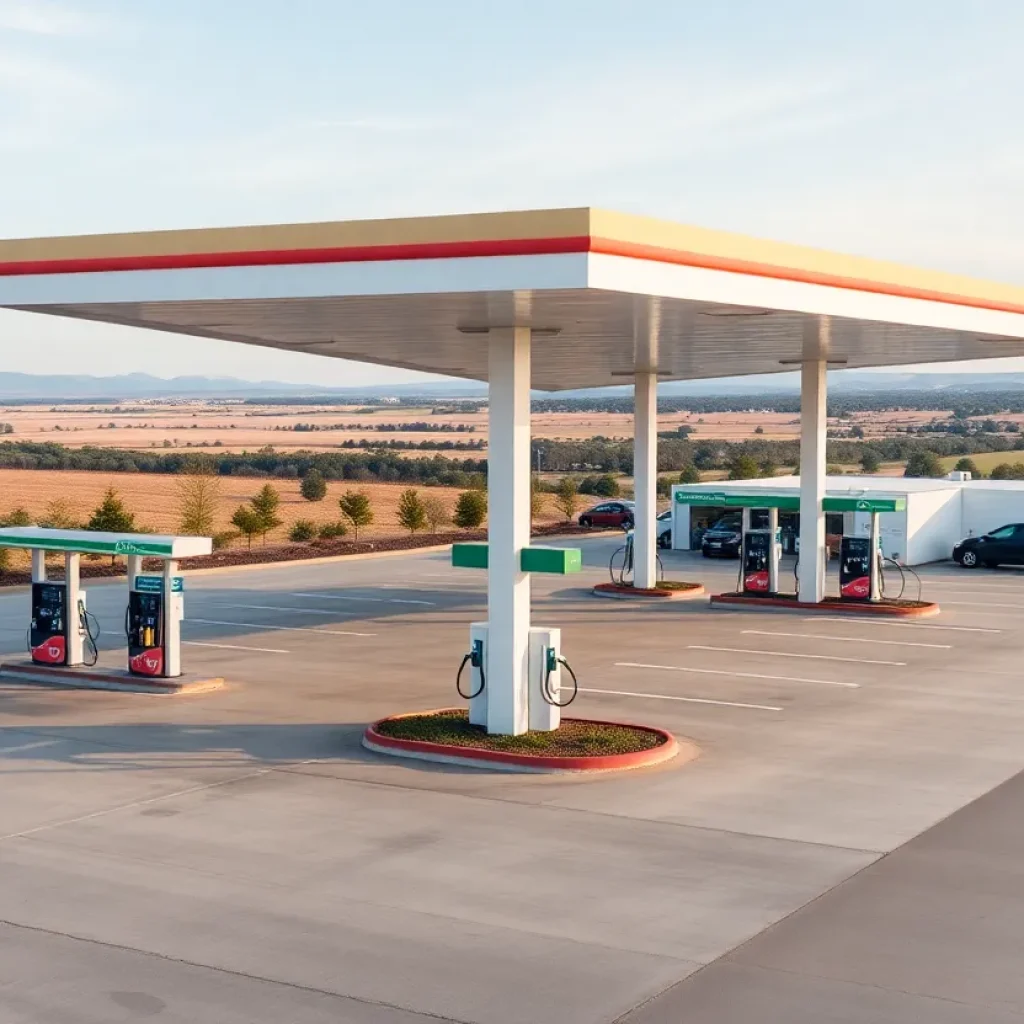 Rendering of the Buc-ee's travel center showing fuel pumps and parking area
