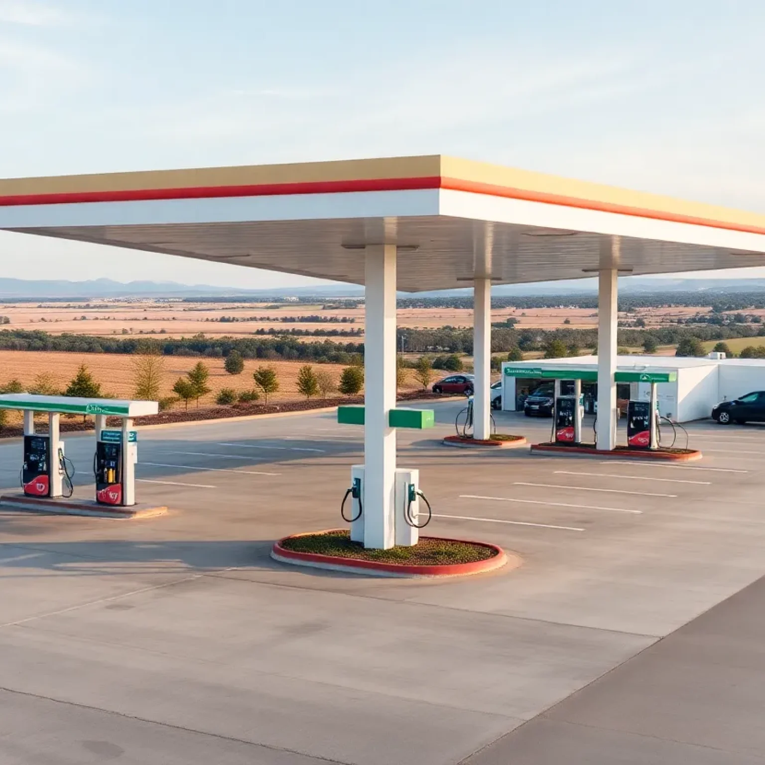 Rendering of the Buc-ee's travel center showing fuel pumps and parking area