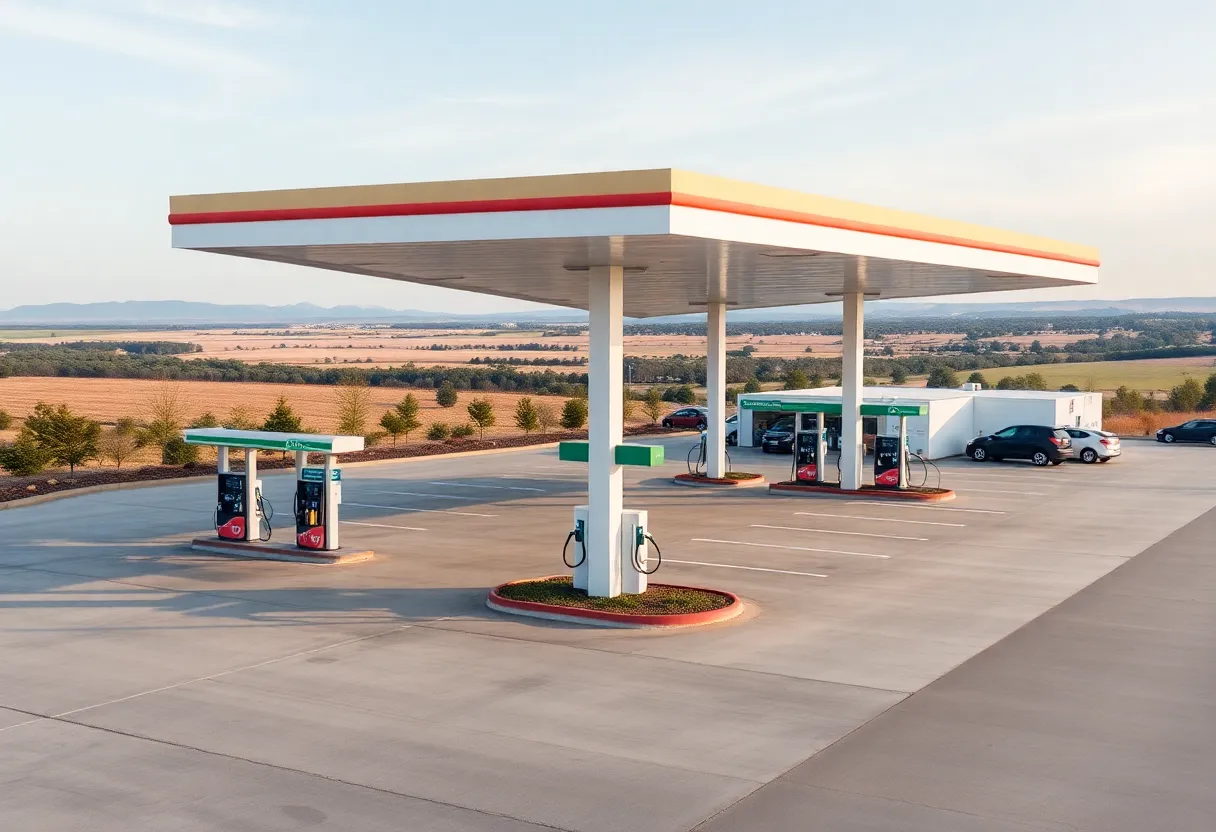 Rendering of the Buc-ee's travel center showing fuel pumps and parking area