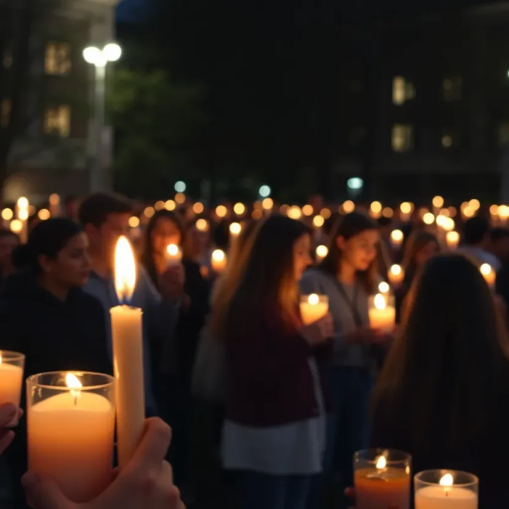 People holding candles at a vigil for FSU shooting victims.