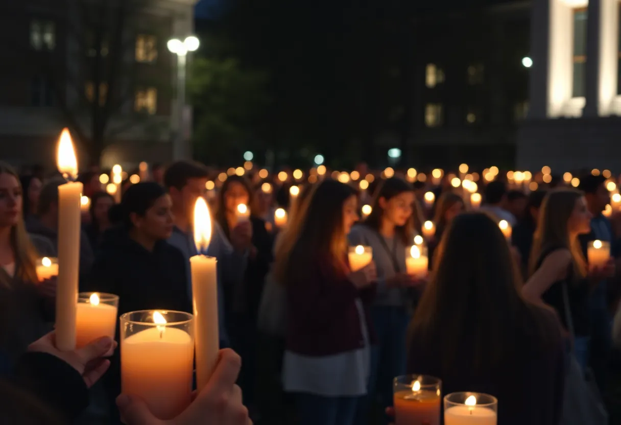 People holding candles at a vigil for FSU shooting victims.