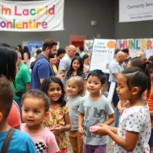 Families participating in a community event for children's services