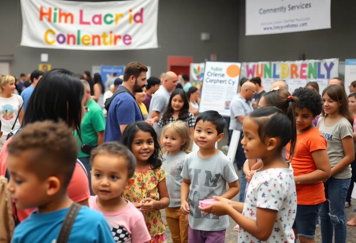 Families participating in a community event for children's services