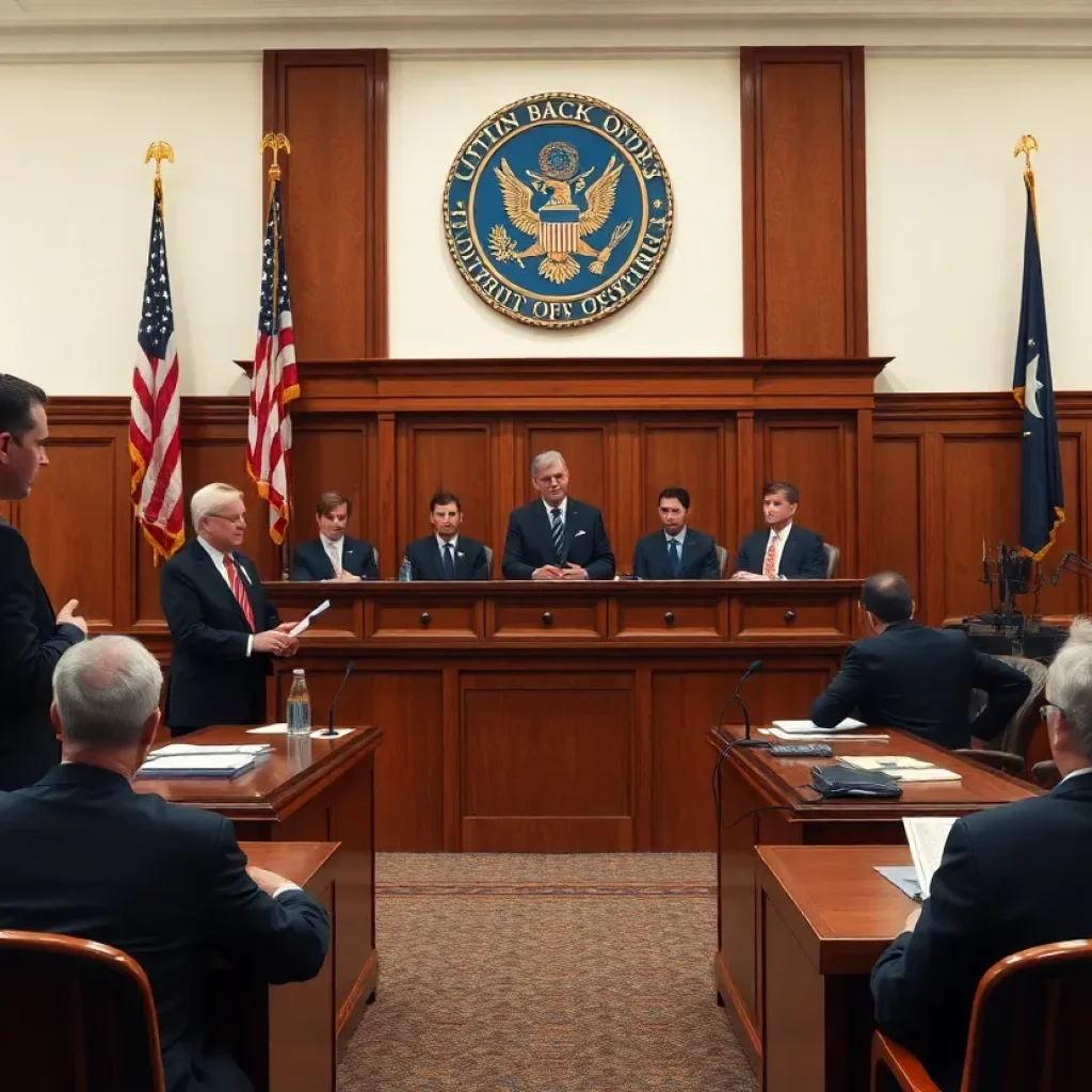 A courtroom with lawyers discussing voting rights legislation