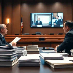 A courtroom with lawyers and judge discussing a legal case
