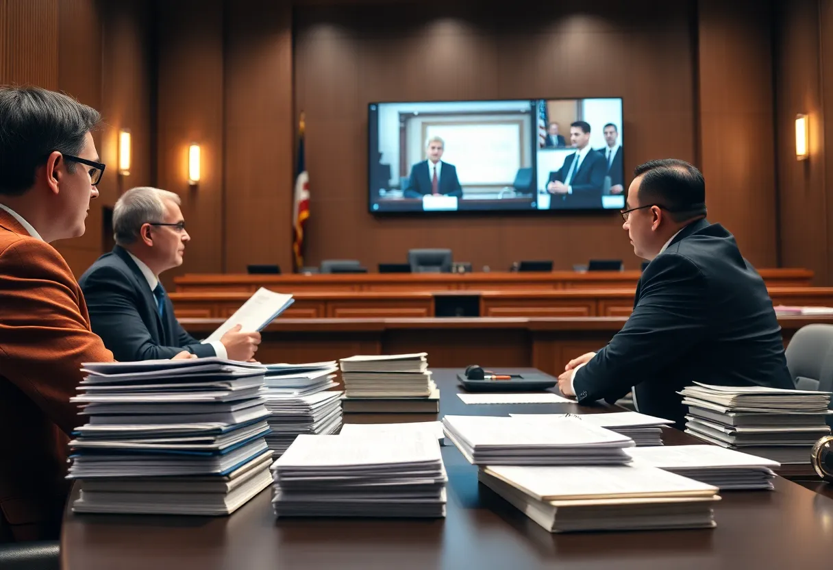 A courtroom with lawyers and judge discussing a legal case