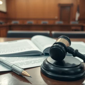 A courtroom depicting a legal trial environment.