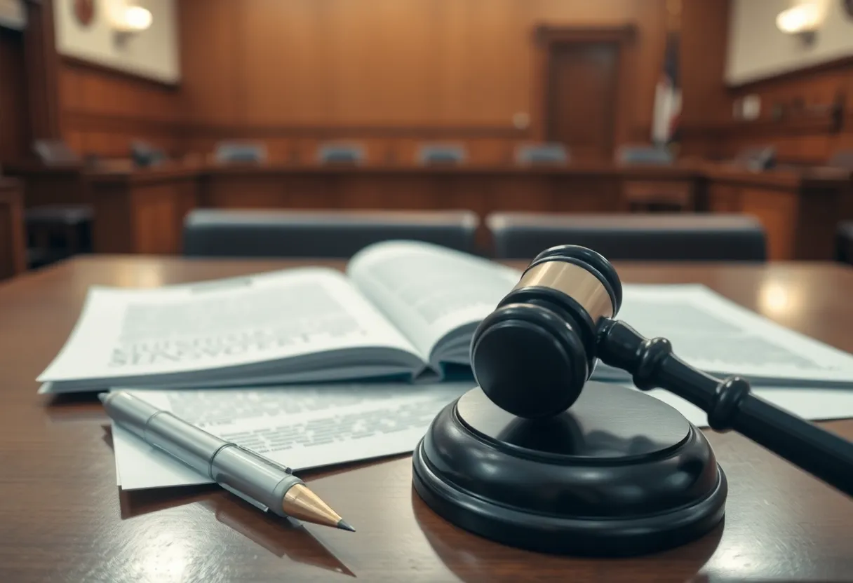 A courtroom depicting a legal trial environment.