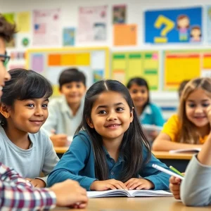 A diverse group of students in a classroom setting actively participating in learning activities.