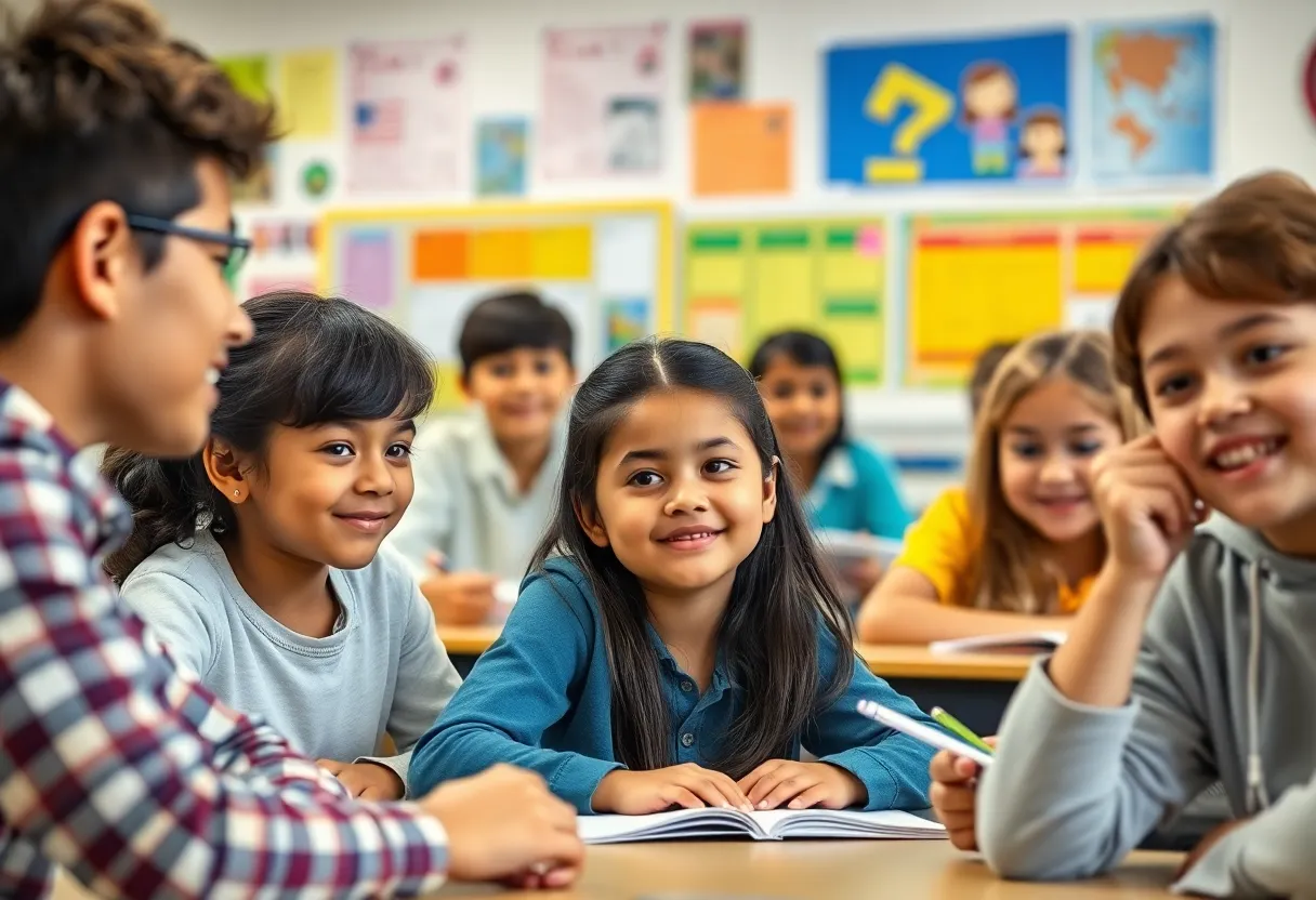 A diverse group of students in a classroom setting actively participating in learning activities.