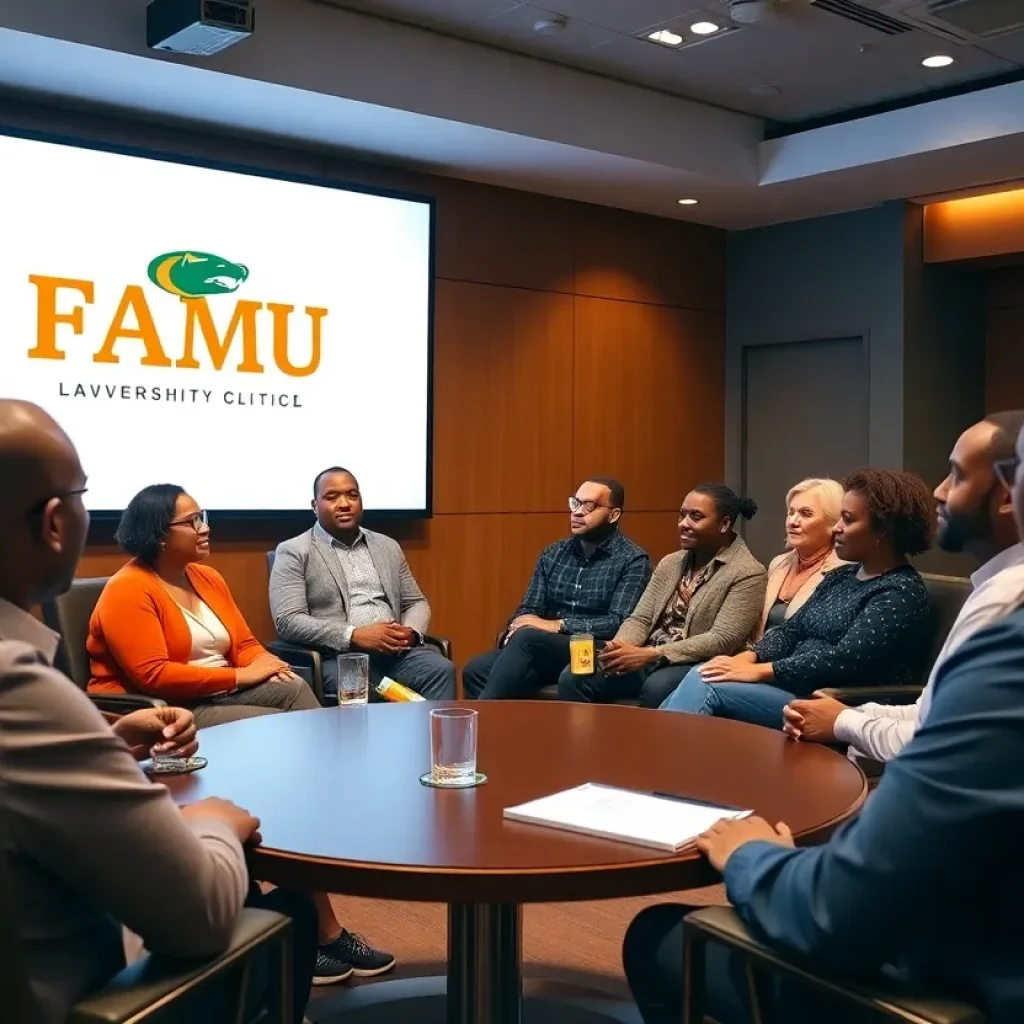 A group discussion about FAMU leadership with the university logo in view.