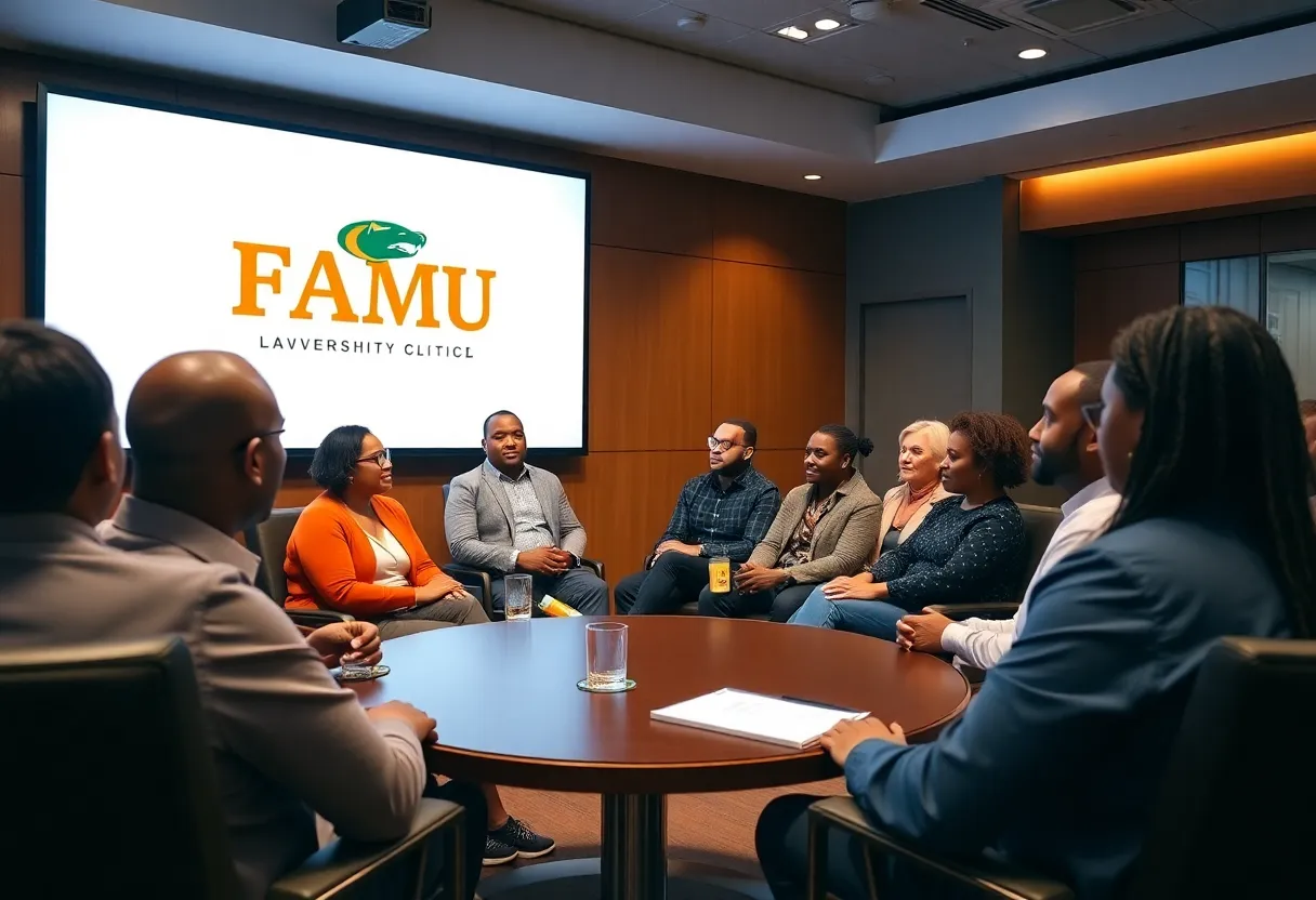 A group discussion about FAMU leadership with the university logo in view.