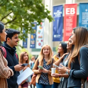 Students and alumni engaging in discussions on university campus