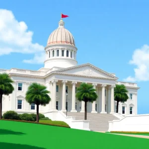 Illustration of the Florida Capitol building surrounded by trees.