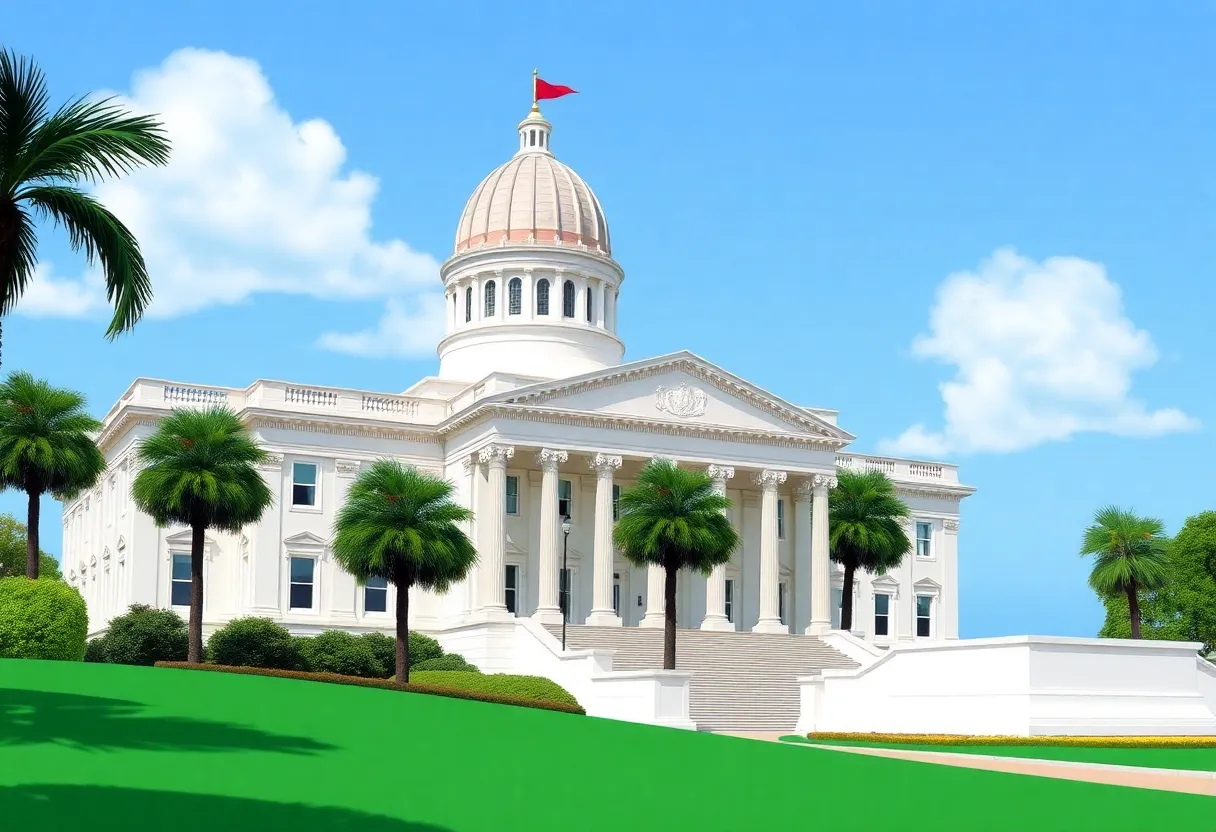 Illustration of the Florida Capitol building surrounded by trees.