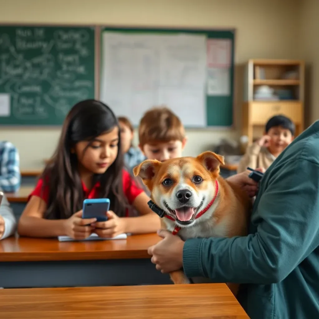 Students in a classroom without cell phones and a pet being rescued