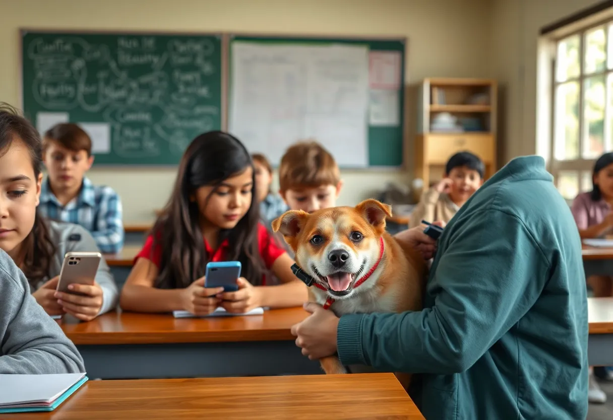 Students in a classroom without cell phones and a pet being rescued