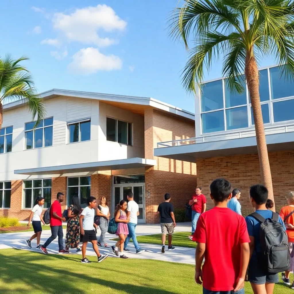 Exterior view of a charter school in Florida with students participating in outdoor learning.