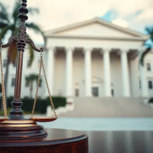 Courthouse in Florida with justice scales