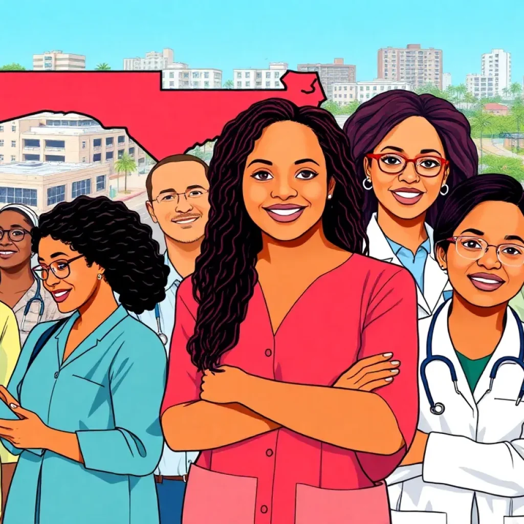 Illustration of Florida's job market with workers in education, health services, and urban life.