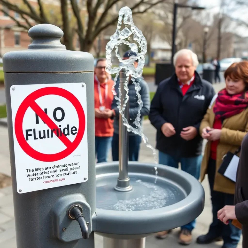 A public water fountain with a sign indicating no fluoride, illustrating the debate over water fluoridation.