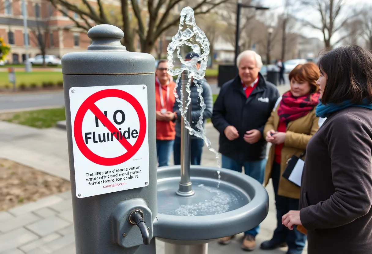 A public water fountain with a sign indicating no fluoride, illustrating the debate over water fluoridation.