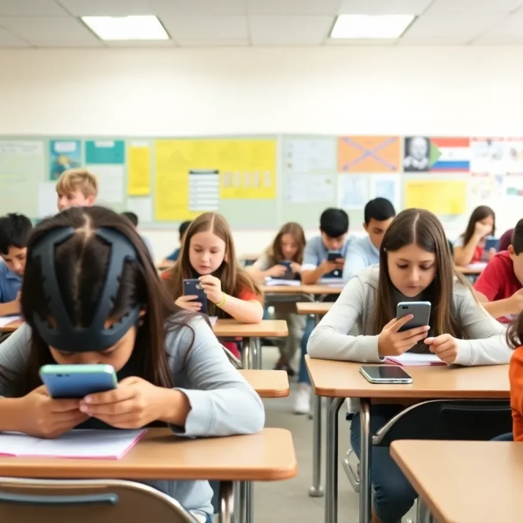 Students in a classroom without cell phones engaged in learning