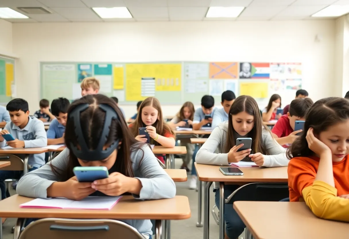 Students in a classroom without cell phones engaged in learning