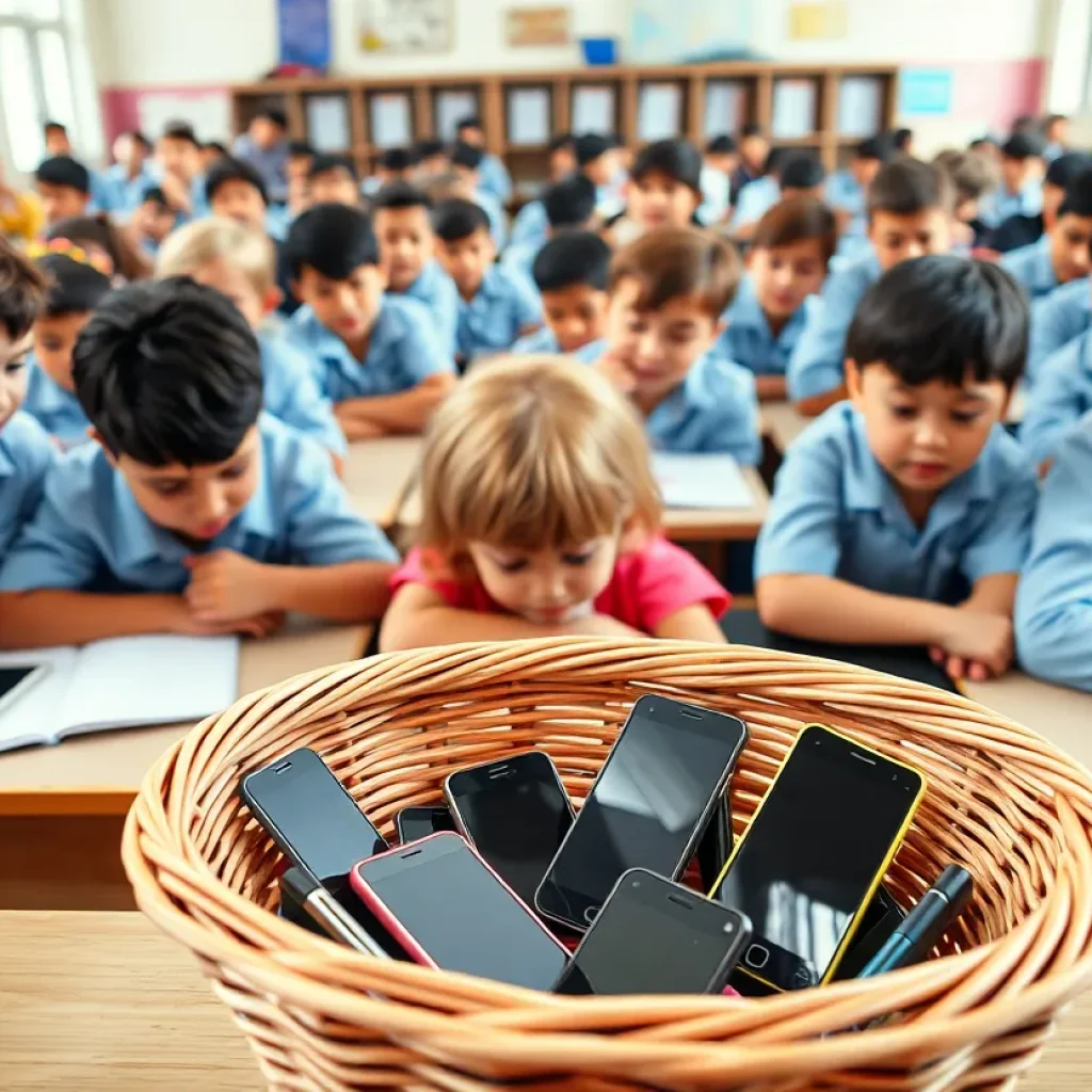 Classroom with students focused on studies, cell phones in basket.
