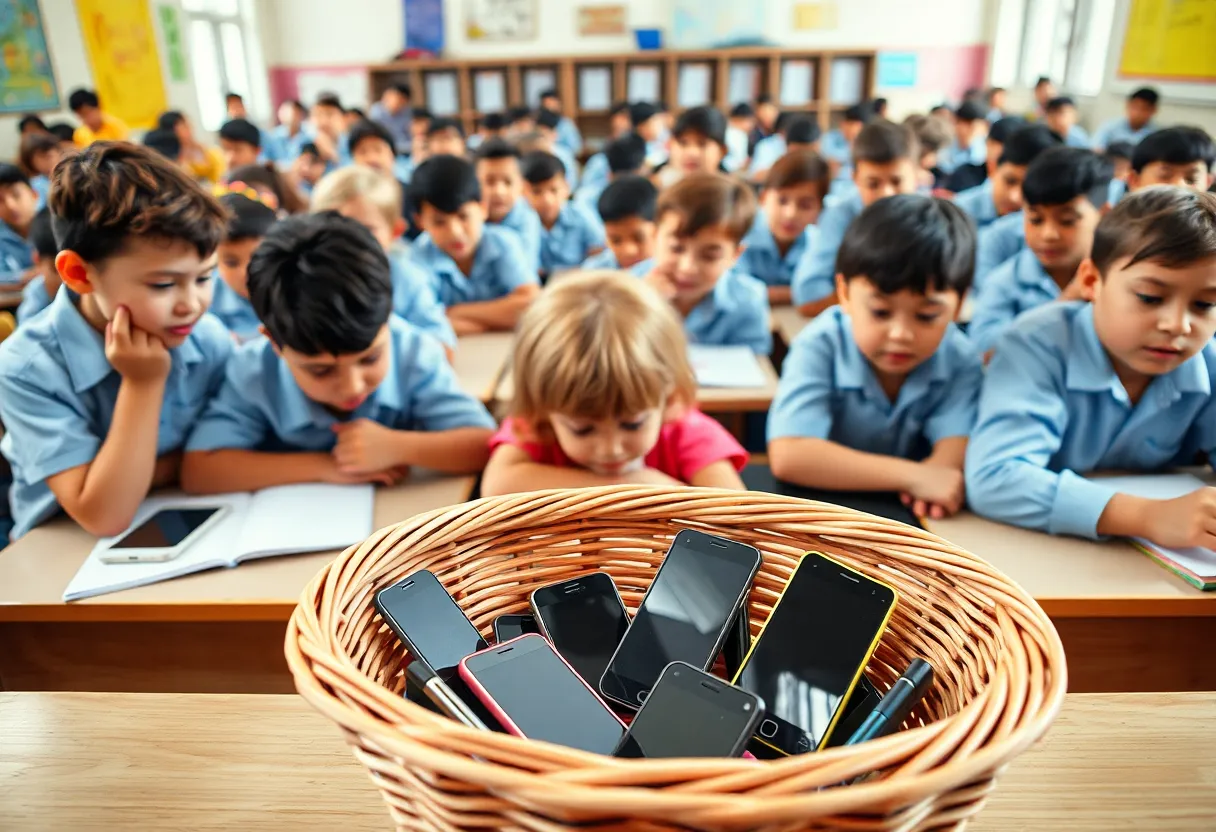 Classroom with students focused on studies, cell phones in basket.