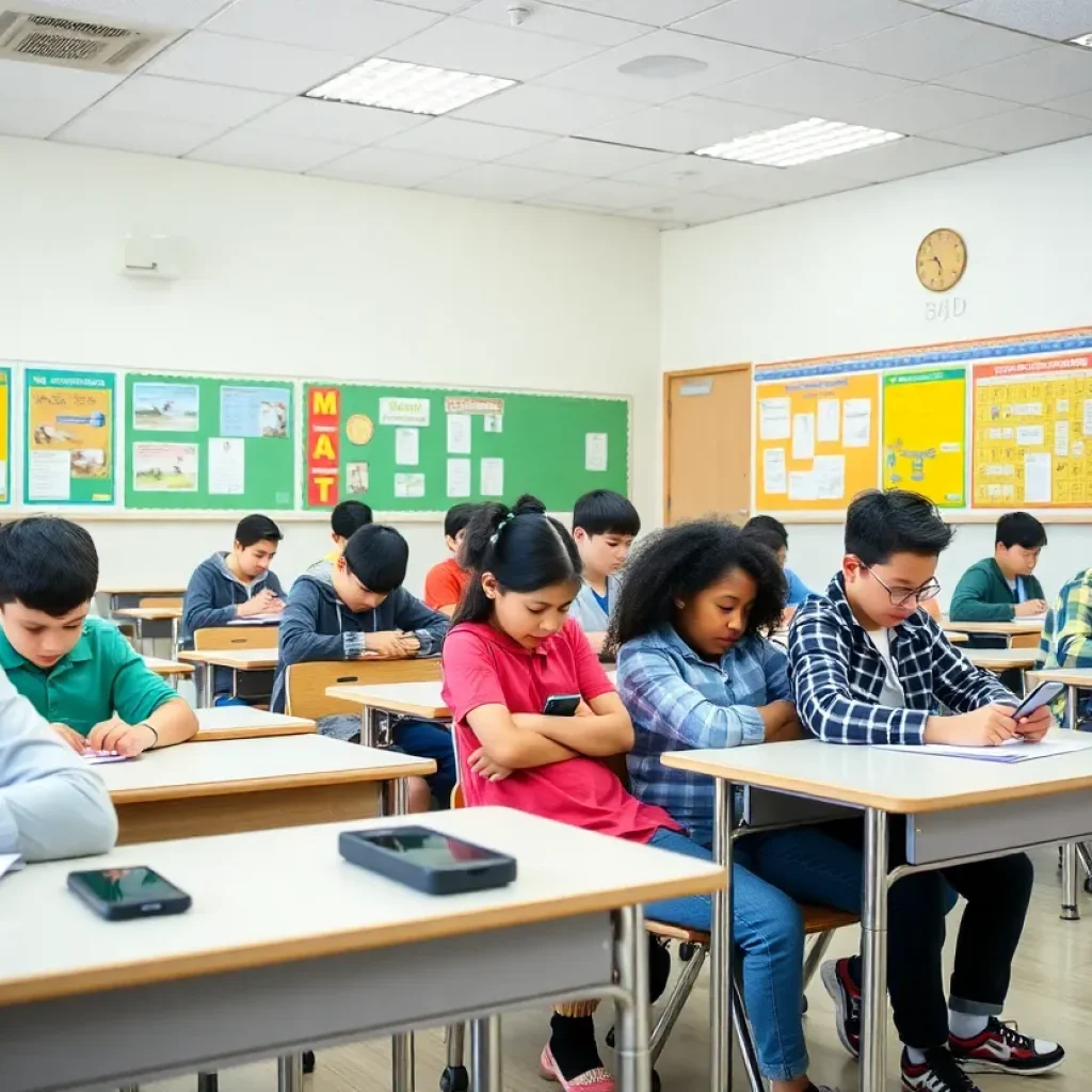 Students in a classroom without cell phones focused on learning.