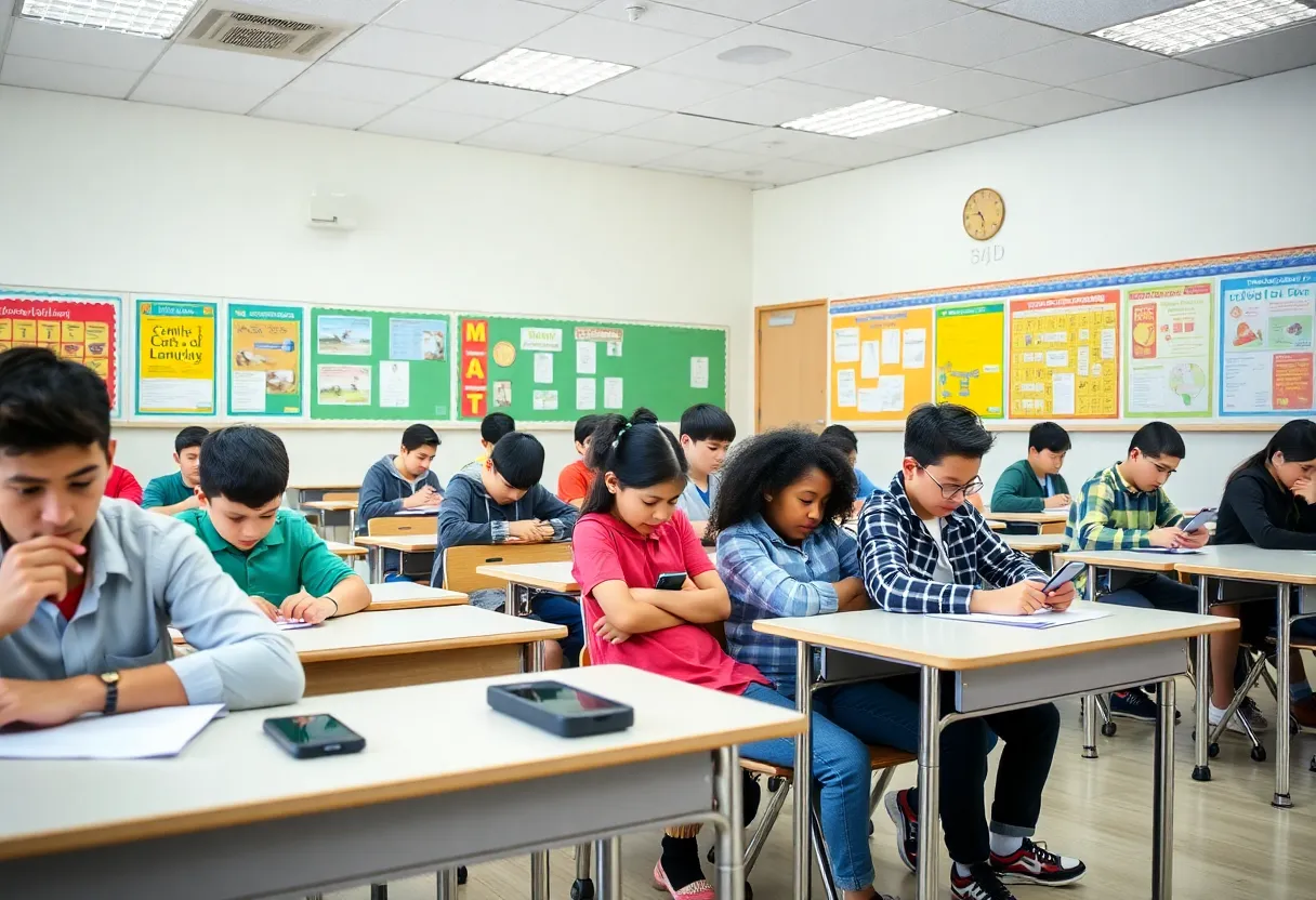 Students in a classroom without cell phones focused on learning.