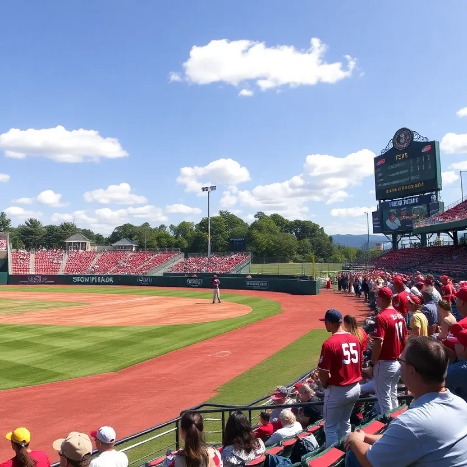 FSU baseball players warming up on the field with fans in the stands