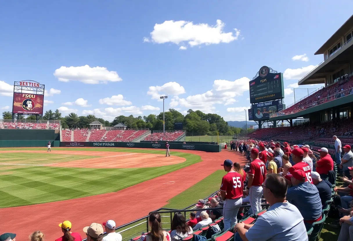 FSU baseball players warming up on the field with fans in the stands